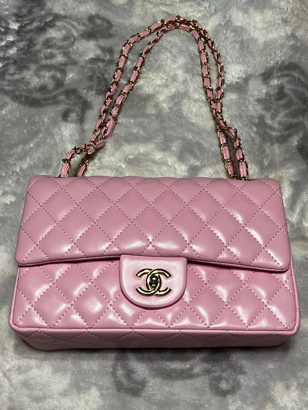 Double C Bubble Gum Pink Gold Tone Hardware Quilted Classic Flap Bag Purse